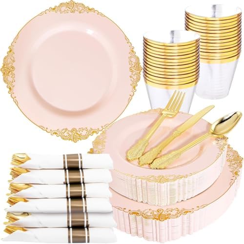 Nervure 175Pcs Pink Plastic Plates, Disposable Party Plates for 25 Guests