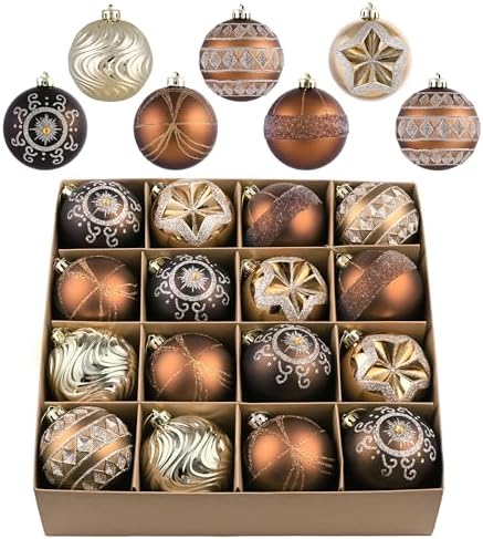 Valery Madelyn Ornaments for Christmas Tree Decorations, 16ct Bronze Copper and Gold Shatterproof Fall Christmas Tree Ornaments Set, 3.15 Inches Luxury Brown Hanging Ball Decor Bulk for Xmas