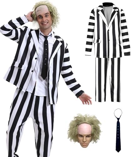 4 Pcs Black and White Stripe Suit with Wig - Adult Halloween Cosplay Outfits for Movie Role Play, Horror Theme Party