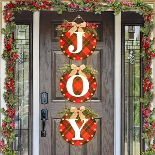 Lighted Christmas Joy Door Sign, Wooden Buffalo Plaid Decor with LED Lights