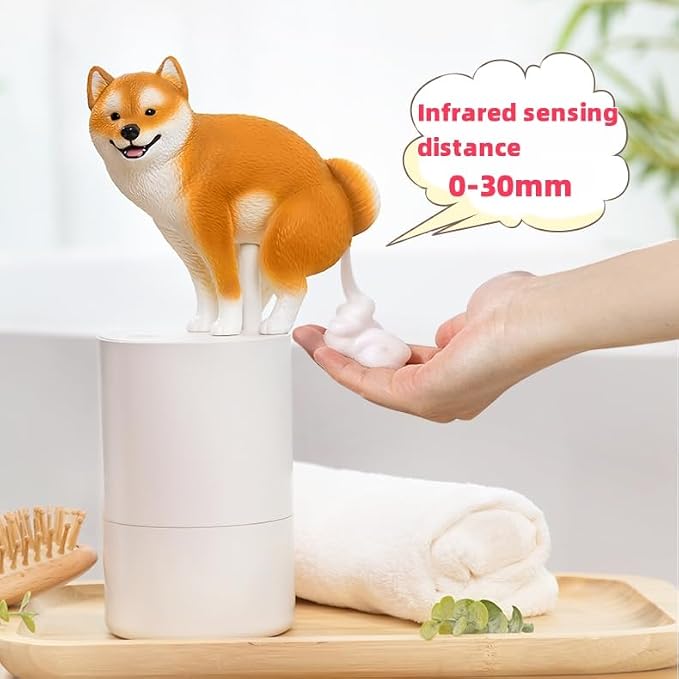 Touchless Foam Soap Dispenser, Black Shiba Inu Design, 300 mL | Touchless infrared foam dispensing with a refillable 300 mL tank