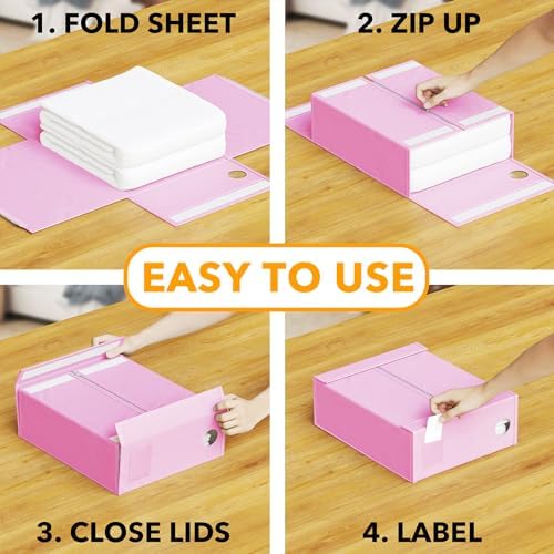 SpaceAid 4 Pack Bed Sheet Organizers and Storage, Foldable Sheet Organizer for Linen Closet, Sheets Set Folder Keeper with Window XL (Queen & King Size) Bedding Container (Pink, 4 Pack)