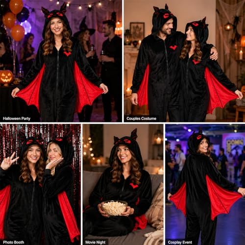 Adult Bat Costume Pajamas Flannel Hooded Onesie with Wings for Halloween