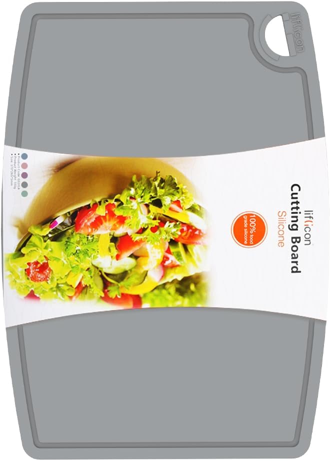 Thick Silicone Cutting Board 12.6'' x 9.1'' Foldable & Flexible Design Juice Grooves Easy Grip Handle Dishwasher Safe-Gray