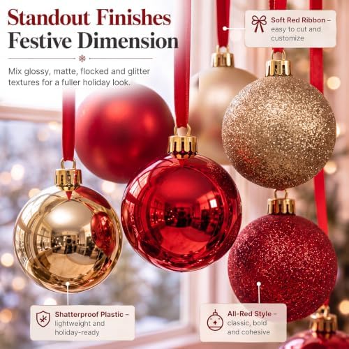 56 Pcs Red Gold Christmas Window Hanging Ball Ornament Window Decorations
