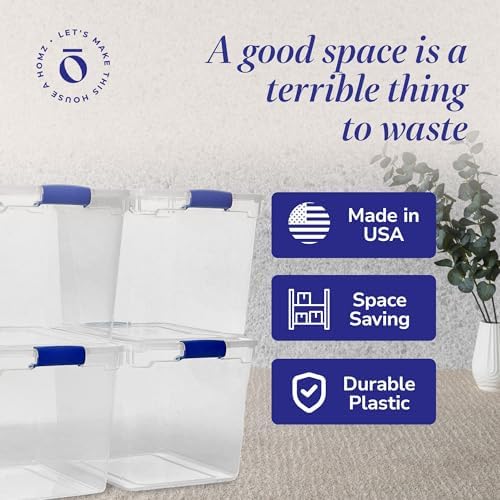 HOMZ Clear Plastic Storage Bins with Latching Lids, 31 Qt, Blue, 4 Pack