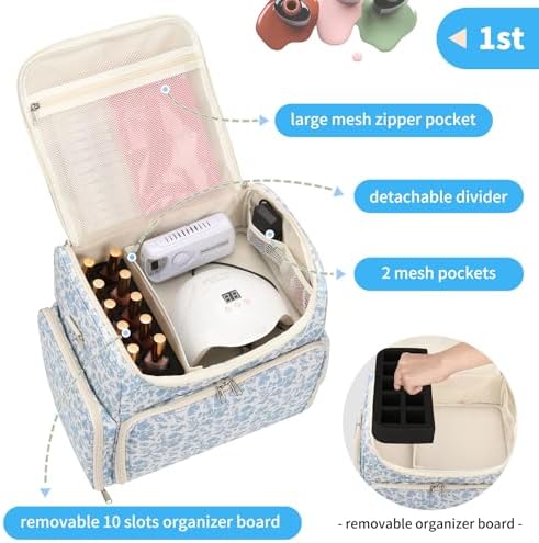 CUBETASTIC Extra Large Nail Polish Organizer Case Holds 86 to 100+ Bottles Nail Polish & Nail Lamp, Nail Supplies Storage Carrying Bag with 2 Removable Pouches (Blue Floral, 86 Slots)