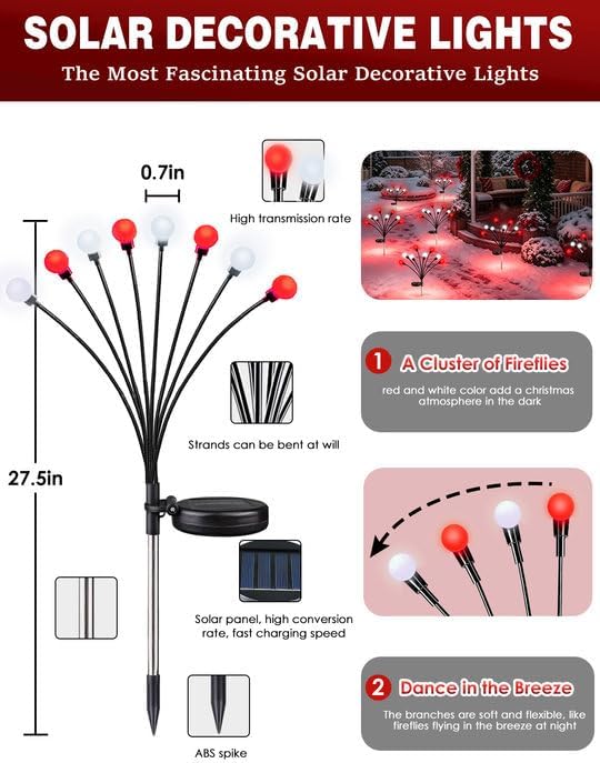 Christmas Decorations Outdoor Solar Firefly Lights 6 Pack Red and White