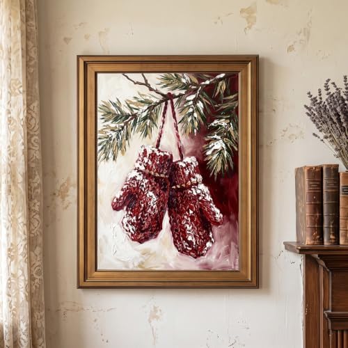 Framed Canvas Wall Art Painterly Winter Mittens on Pine Branch Red and White Snow Texture Canvas Print Poster Gold Frame Wall Decor for Living Room Winter Season, Holiday Art - Inch 16x20