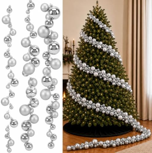 Sosation 29.5Ft Christmas Ball Ornament Garland, Silver, Glossy Matte
