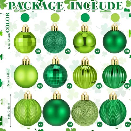 Lunmon 64 Pcs St. Patrick's Day Ball Ornaments Glitter Matt Lime Green Assorted Plastic Irish St. Patrick's Day Decoration for Xmas Tree & Party Supplies
