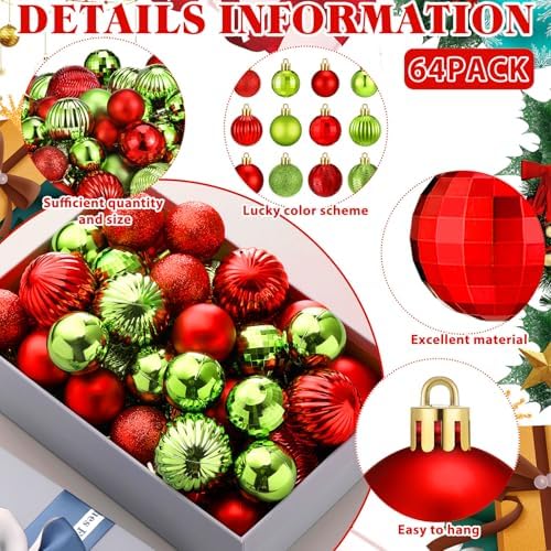 Lunmon 64 Pcs Lime Green and Red Christmas Ball Ornament Green Xmas Bulbs