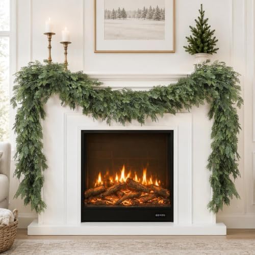 Christmas Garland 9FT Decorations Real Touch Cedar Cypress Pine Greenery Artificial Green Christmas Garland for Mantle, Fireplace, Table, Stairs, Door, Porch, Indoor Outdoor Decorations
