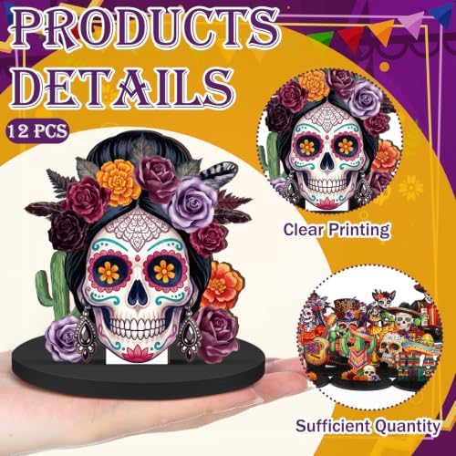 Leinuosen 12 Pcs Day of the Dead Table Decor Skull Wooden Tiered Tray Decor Dia De Muertos Centerpiece Guitar Cactus Sombreros Wooden Sign Day of the Dead Table Decorations for Home Kitchen