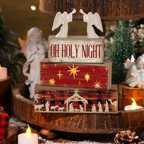 Moucuny 4 Pcs Christmas Table Decor, Oh Holy Night Wooden Sign