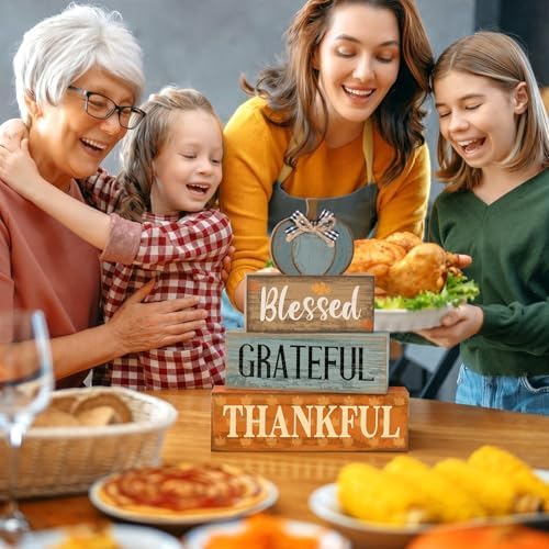Lineshading 4 Pcs Fall Table Decor for Home, Blue Wooden Pumpkin Block Sign