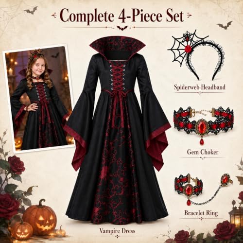 Doloowee Girls Vampire Costume 4-Piece Halloween Dress Up Outfit Ages 3-12