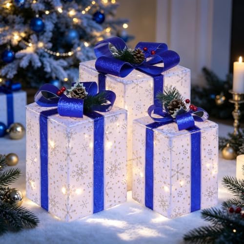 Set of 3 Christmas Lighted Gift Boxes, Light Up Blue Present Boxes