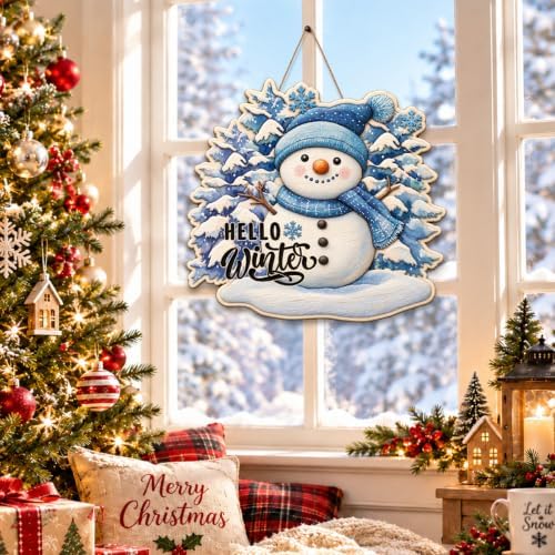 Christmas Snowman Decorations Hello Winter Hanging Wooden Door Sign