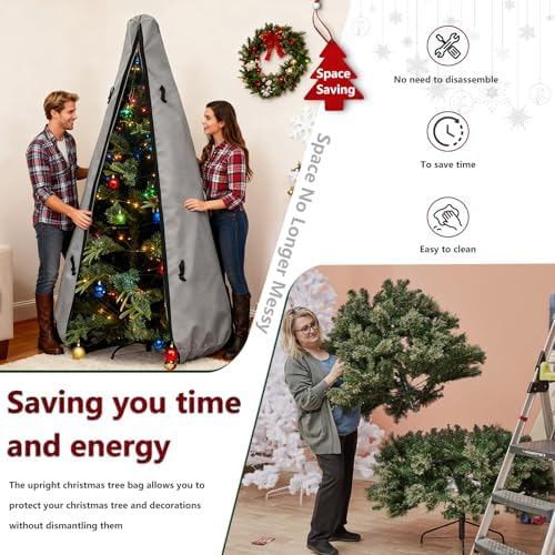 Upright Christmas Tree Storage Bag 7.5Ft,Christmas Tree Covers for Upright Storage for 7 Ft /7.5 Ft Artificial Christmas Trees with Ornaments,Equipped with Patented Support Rod Technology-Grey