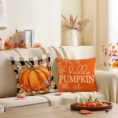 Fall Decor for Home,Fall Pillow Covers 16x16 Set of 4 Rustic Indoor Outdoor Decorations Orange Plaid Throw Pillow Covers,Hello Pumpkin Linen Autumn Cushion Case for Sofa Couch Chair Bedroom