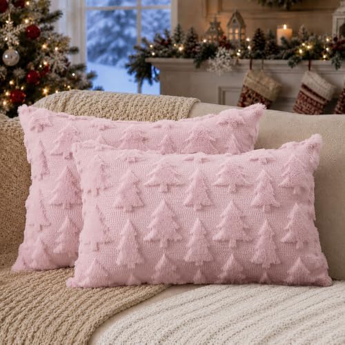 DFXSZ Christmas Tree Pillow Covers 12x20 Set of 2 Christmas Decor Pink