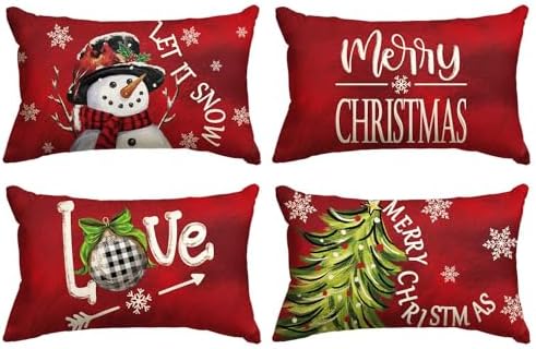 AVOIN colorlife Merry Christmas Tree Red Throw Pillow Covers, 12 x 20 Inch Xmas Tree Holiday Cushion Case Decoration for Sofa Couch Set of 4