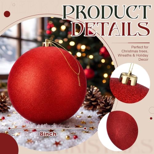 Threan 10 Inch Large Red Glitter Christmas Ball Ornaments