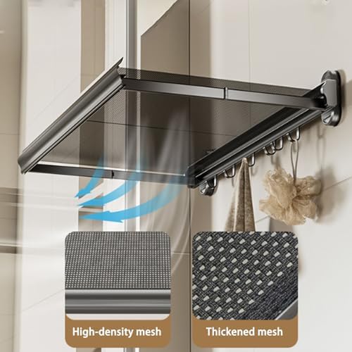 Foldable Wall-Mounted Laundry Drying Rack, Space-Saving Indoor Clothes Dryer, No-Punch Hidden Drying Net for Balcony, Bathroom, Laundry Room, Gray (23.6in)