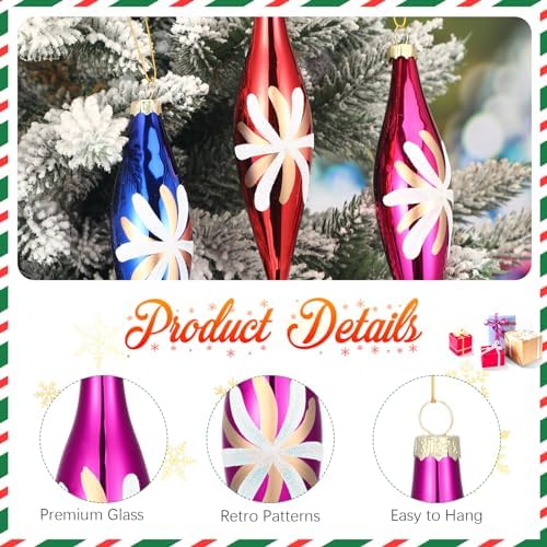 Soaoo 12 Pack Vintage Glass Icicle Christmas Ornaments, Multicolored