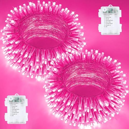 2 Pack 200 LED Battery Operated String Lights, Twinkle Fairy Lights Pink