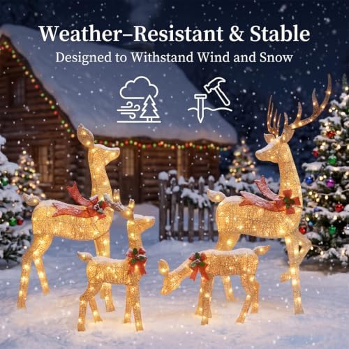 5.7FT Christmas Reindeer Family Set, 4Pcs 3D Christmas Decorations Outdoor Deer with 255 LEDs Outdoor Yard Decoration, Stakes, Zip Ties - Gold
