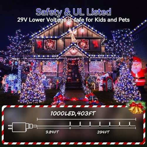 Hezbjiti 1000 LED 403 FT Christmas Lights Outdoor String Lights 8 Modes with Timer Memory Waterproof Fairy Lights Plug in for Classroom Bedroom Patio Wedding Party Holiday Xmas Decorations(Blue+White)