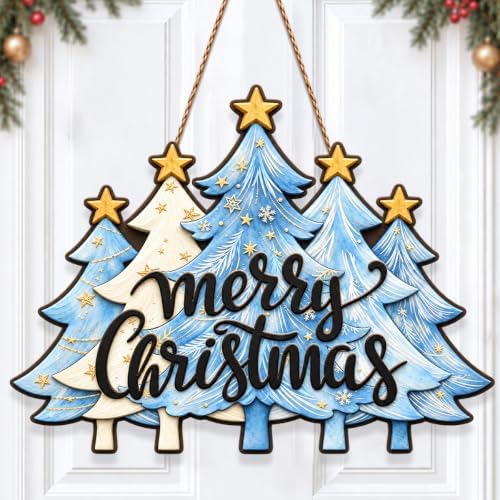 Christmas Decorations Blue White Christmas Tree Merry Christmas Wood Sign