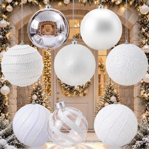 Lyrow 8 Pcs 6'' Large Christmas Ball Ornaments White Silver Xmas Ornaments