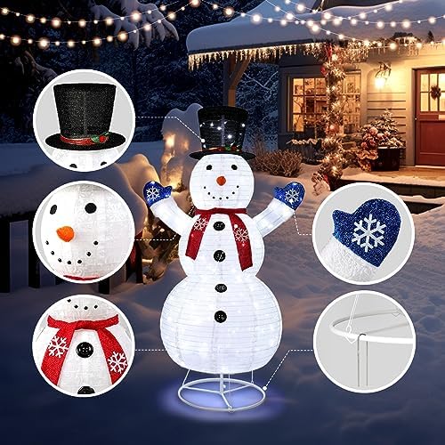 VINGLI 6FT Lighted Pop Up Snowman Christmas Decorations, 200 LED Warm White Lights with 20 Flashing Bulbs, Telescopic Snowflake Snowman for Outdoor Yard Lawn Porch, 30V Low Voltage Holiday Decor