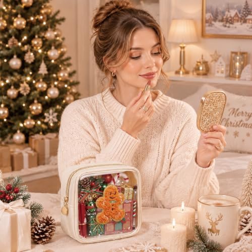 Abbylike 1 Pcs Christmas Preppy Patch Makeup Bags Bulk Polyester Holiday Makeup Bag Skincare Pouch Xmas Zipper Cosmetic Pouch Preppy Thing for Travel Christmas Women Gift (Classic, Golden Yellow)