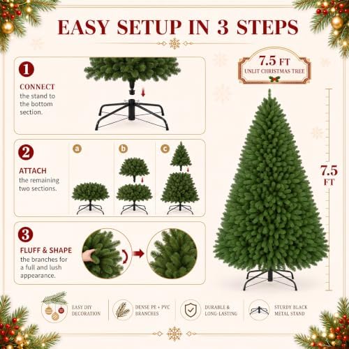 7.5ft Artificial Christmas Tree, Realistic Full Unlit Holiday Décor