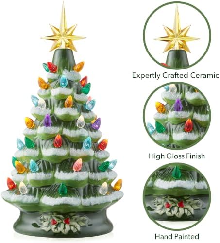 Casafield Hand Painted Ceramic Christmas Tree, Green Snow Flocked 12-Inch Pre-Lit Tree with 100 Multi Color Lights and 2 Star Toppers