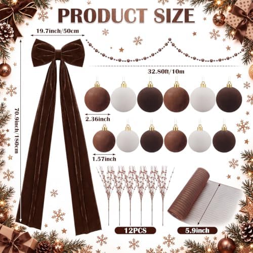 56 Pcs Brown Christmas Tree Decoration Set Neutral Velvet Bow Balls Ribbon