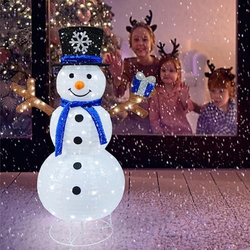 Outdoor Snowman Lighted, Pop-Up Snowman Outdoor Yard Christmas Decorations Prelit 100 Lights, Collapsible Lighted Snowmen Wears Blue Scarf and Holds Light Up Gift Box for Home Porch Yard Décor-Blue