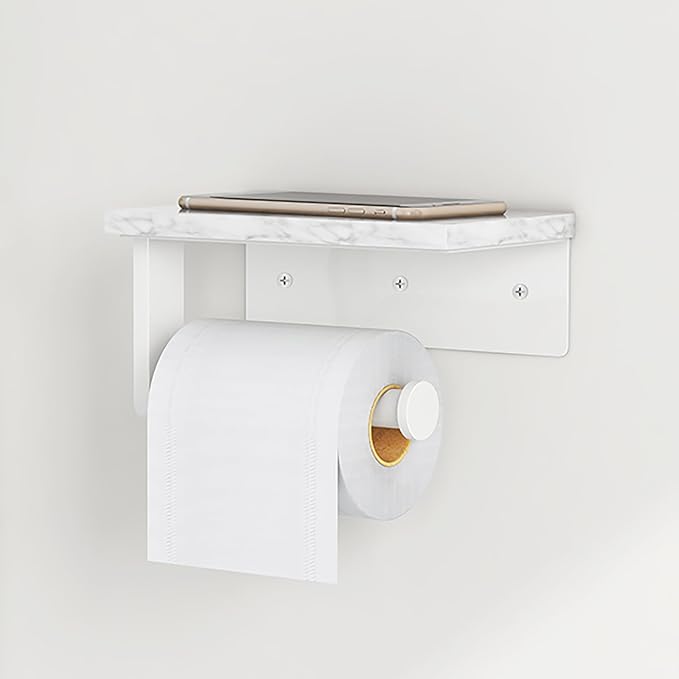 Gypie Toilet Paper Holder with Natural Marble Shelf, 304 Stainless Steel Screw Wall Mounted, Tissue Roll Paper Holder Dispenser for Bathroom Washroom White