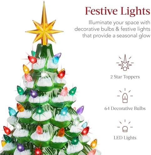 Best Choice Products 15in Ceramic Christmas Tree, Pre-lit Hand-Painted Tabletop Holiday Tree, 2 Star Toppers, 64 Lights - Flocked w/Multicolored Bulbs