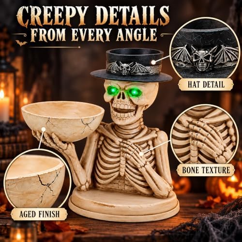 Halloween Skeleton Candy Bowl and Candle Holder with Glowing Eyes
