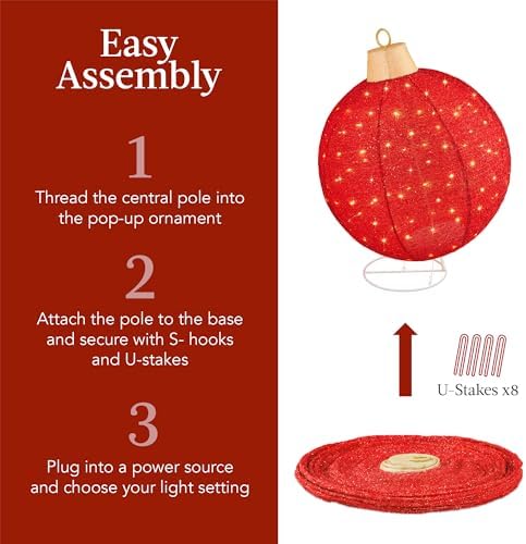 Best Choice Products 2pc Lighted Pop-Up Outdoor Christmas Ornament Set, Holiday Ball Decoration w/ 180 LED Lights, 8 Light Functions - Red/Gold