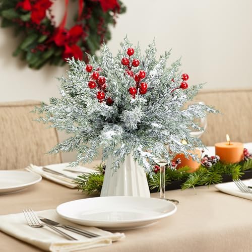 45 Pcs Artificial Christmas Snow Pine Branches Red Berry Stems Faux Sprig