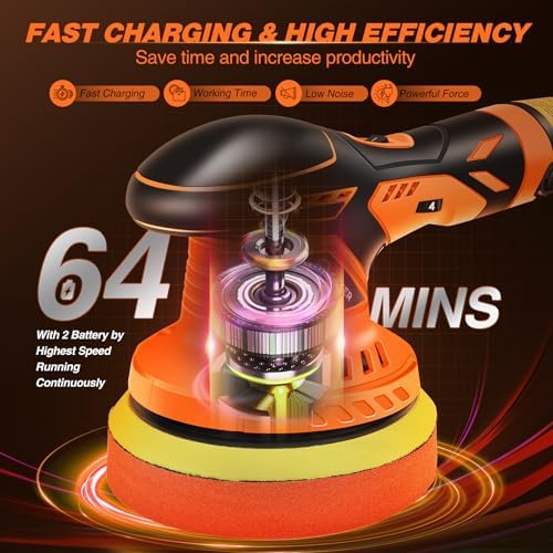 Saker Cordless Buffer Polisher, 6 Inch Fast Charging Portable Car Polishing Kit with 2PCS 12V 2000mAh Batteries, Polisher for Car Detailing Polishing Waxing (Orange, Buffer Polisher+2 Batteries+1 Bag)