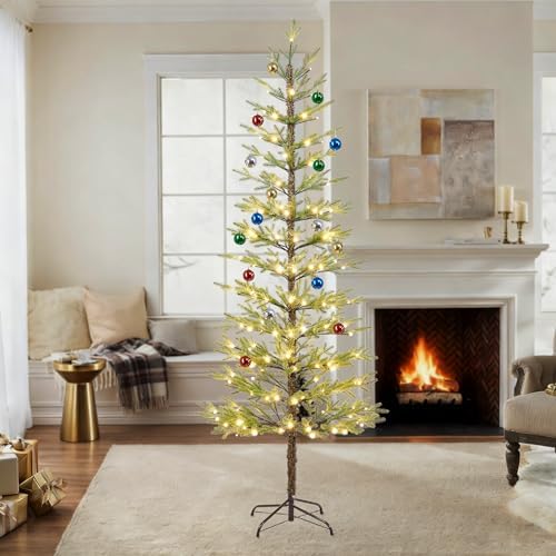 Lightshare 7.5FT 180L Warm White Evergreen Pine Needle Tree, Pencil Christmas Tree Lighted Pyramid Design with Ornaments, Remote Control & Dimmable, Artificial Christmas Holiday Decoration