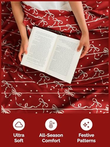Christmas Sheet Set, Christmas Ribbon, Holiday Xmas Bedding Set - King Size