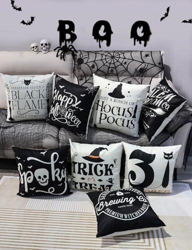 Halloween Decorations Set Of 4 Double-Sided Print Pillow Covers 16" x 16", with 8 Cute Halloween Decor Patterns, Elegant Invisible Zipper, Soft Linen Throw Pillow Covers for Outdoor & Indoor Use